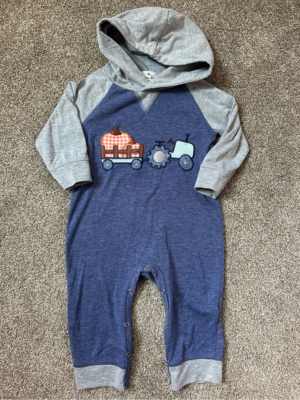 🍁 Hooded One-Piece Romper Tractor Applique
